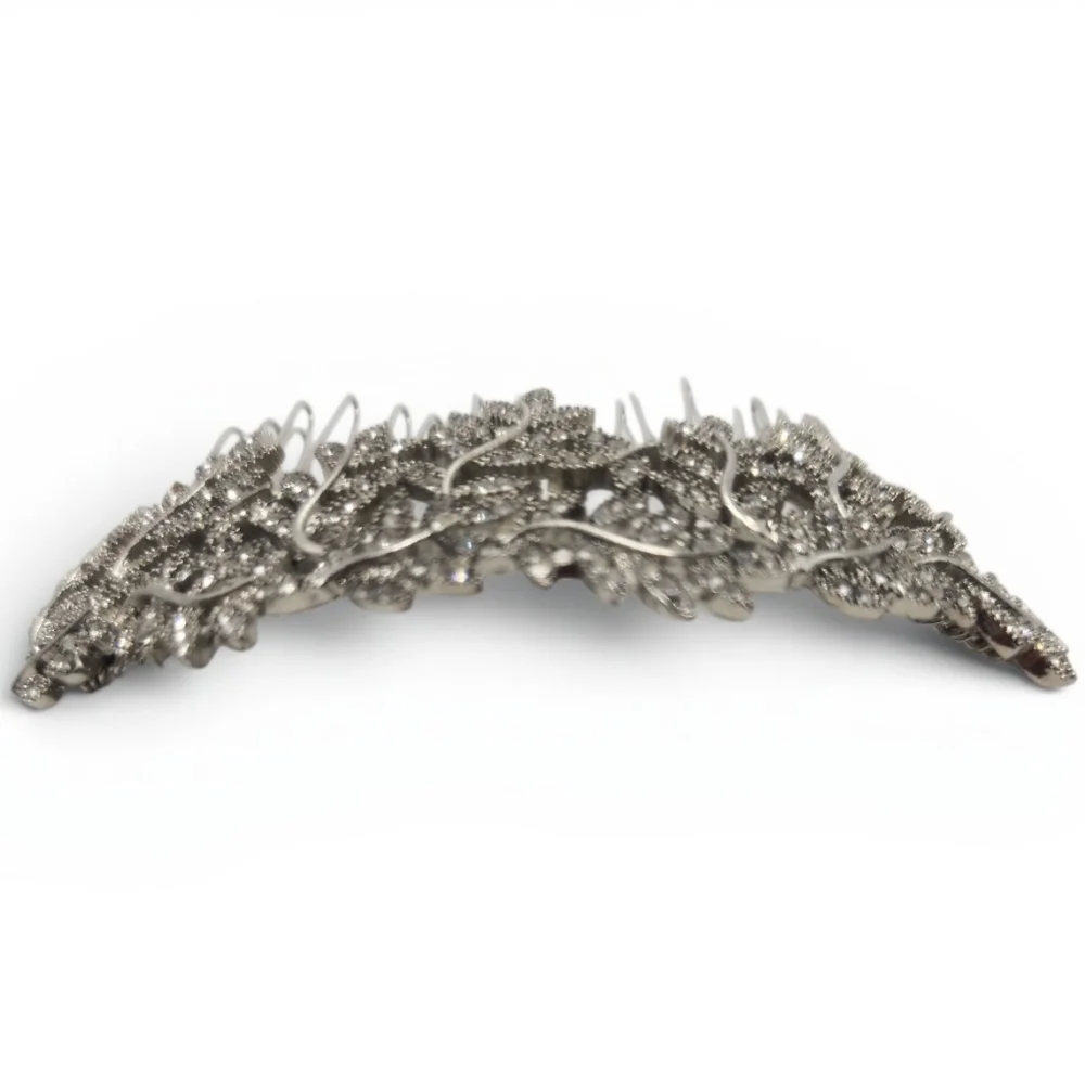 Vintage Style Rhinestone Leaves Silvertone Style Metal Hair Comb